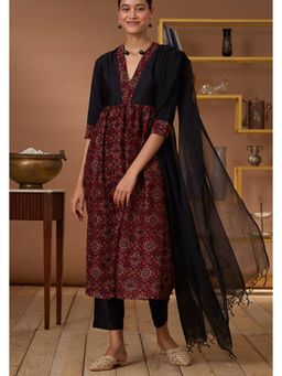 Okhai - Maroon Chanderi Silk Hand Block A-Line Kurta with Pant and Dupatta