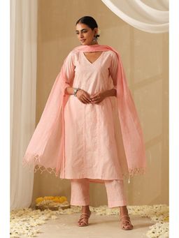 Okhai - Pink Pure Cotton Chikankari Straight Kurta with Pant and Dupatta