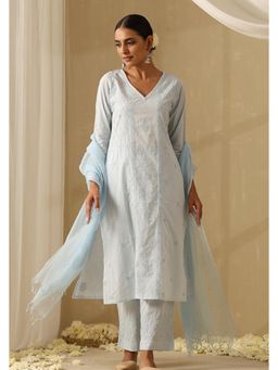 Okhai - Blue Pure Cotton Chikankari Straight Kurta with Pant and Dupatta
