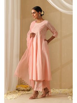 Okhai - Pink Pure Cotton Chikankari A-Line Kurta with Pant and Dupatta