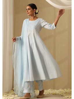Okhai - Blue Pure Cotton Chikankari A-Line Kurta with Pant and Dupatta