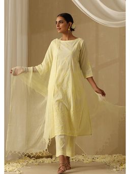 Okhai - Yellow Pure Cotton Chikankari Straight Kurta with Pant and Dupatta