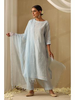 Okhai - Blue Pure Cotton Chikankari Straight Kurta with Pant and Dupatta