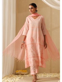 Okhai - Pink Pure Cotton Mirror Work A-Line Kurta with Pant and Dupatta