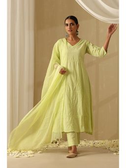 Okhai - Green Pure Cotton Chikankari Straight Kurta with Pant and Dupatta