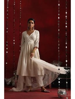 Okhai - Off White Pure Cotton Mirror Work A-Line Angrakha Kurta with Pant and Dupatta