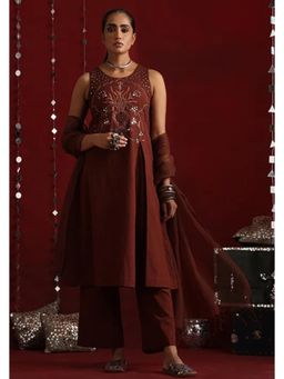 Okhai - Brown Pure Cotton Mirror Work A-Line Kurta with Pant and Dupatta
