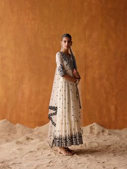Preevin - Black and White Lotus Angrakha With Embroidered Dupatta