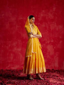 Preevin - Mango Lotus Angrakha With Embroidered Dupatta