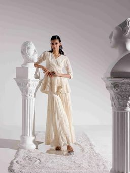 Preevin - Off White Lotus Kurta With Sharara and Dupatta