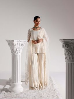 Preevin - Off White Lotus Kurta With Sharara and Dupatta