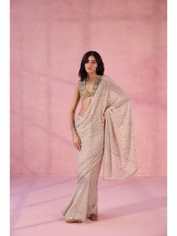 Old Marigold - She's Here Beige Viscose Embroidered Saree without Blouse