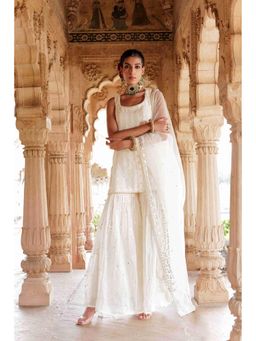 Preevin - Off White Sk-Bk All-Over Embroidered Kurta With Sharara and Dupatta