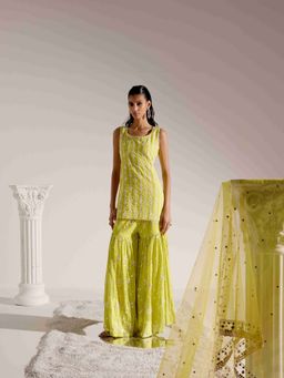 Preevin - Neon Green Sk-Bk All-Over Kurta With Sharara and Dupatta