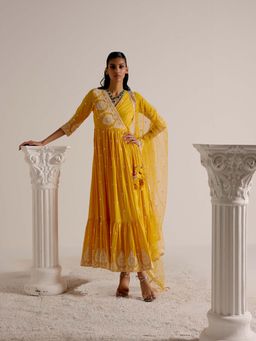 Preevin - Mango Tower Angrakha With Embroidered Dupatta