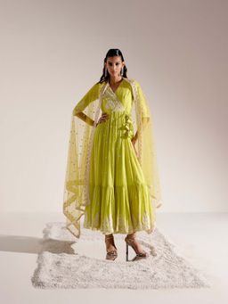 Preevin - Neon Green Tower Angrakha With Embroidered Dupatta