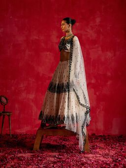 Preevin - Black and White Tower Lehenga and Blouse with Embroidered Dupatta
