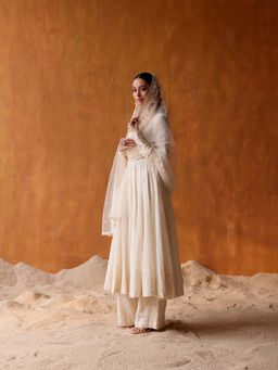 Preevin - Off White Tower Anarkali With Pant and Dupatta