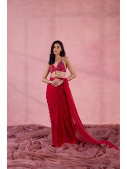 Old Marigold - Very Raspberry Red Chiffon Embellished Saree without Blouse
