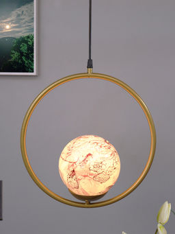 Homesake - Metal Pendant Glass Golden Round Planet Red