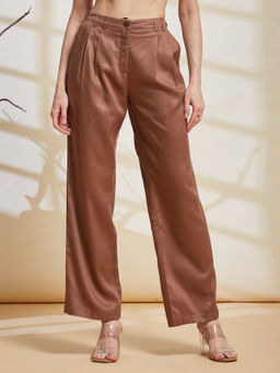 Latin Quarters - Women'S Brown Solid Casual Wide Leg High Rise Trouser