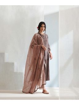 WeaverStory - Handloom Brown Gathered Chanderi Kurta with Pants & Printed Dupatta (Set of 3)