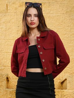 Campus Sutra - Women Maroon Button-Front Crop Jacket