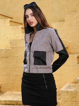 Campus Sutra - Women Onyx Grey Houndstooth Block Jacket