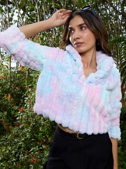 Campus Sutra - Women Powder Blue and Blush Pink Ripple Fur Jacket