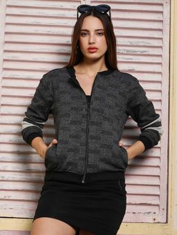 Campus Sutra - Women Charcoal Grey Zip-Front Textured Jacket