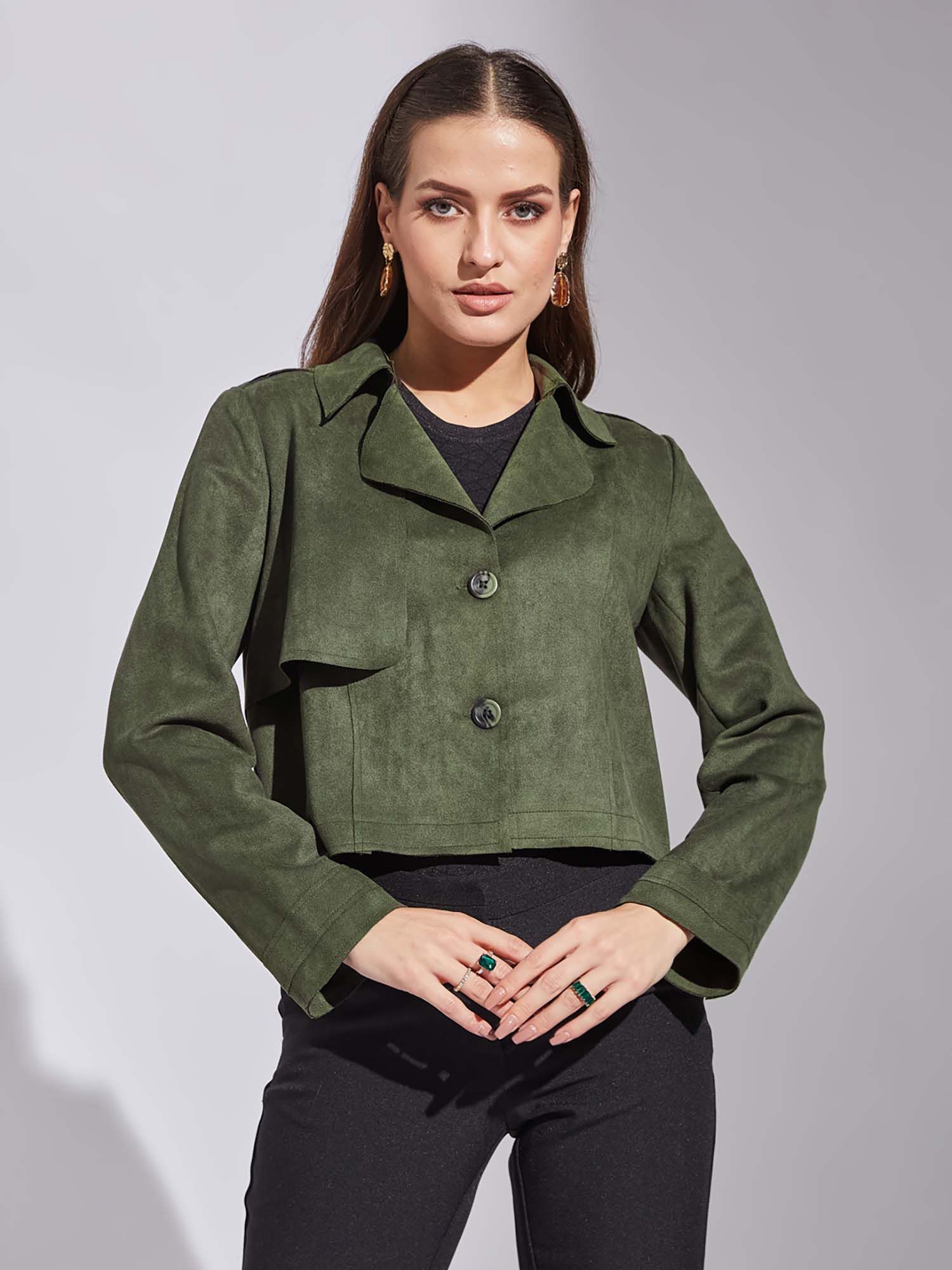 latin quarters Women Green Casual Solid Cropped Jacket-picture-16