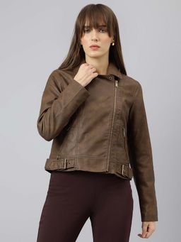 Latin Quarters - Women Brown Solid Biker Jacket