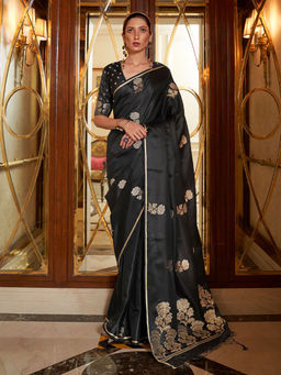 Odette - Festive Black Satin Woven Saree with Unstitched Blouse