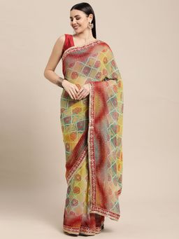 Vastranand - Multi Designer Printed Bandhani Saree with Unstitched Blouse