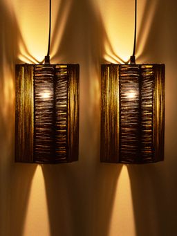 ExclusiveLane - Jute Glimmers Handwoven Cuboidal Hanging Pendant Lamp In Jute & Iron (Set of 2)