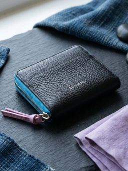 SILVIANO - Black Genuine Leather Zip Round Wallet Rfid Gift Box Included 4 Card Slots