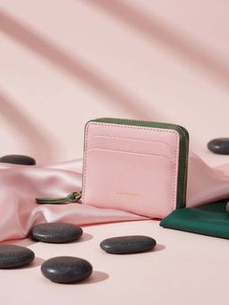 SILVIANO - Pink Genuine Leather Zip Round Wallet Rfid Gift Box Included 4 Card Slots