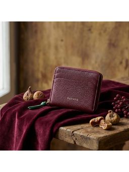 SILVIANO - Maroon Genuine Leather Zip Round Wallet Rfid Gift Box Included 4 Card Slots
