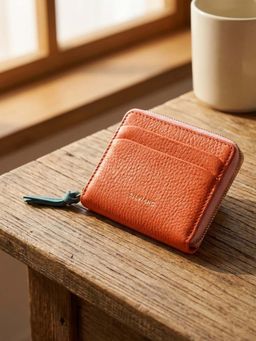 SILVIANO - Orange Genuine Leather Zip Round Wallet Rfid Gift Box Included 4 Card Slots