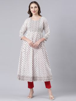 NEERU'S - White & Brown Panelled Anarkali Floral Kurta