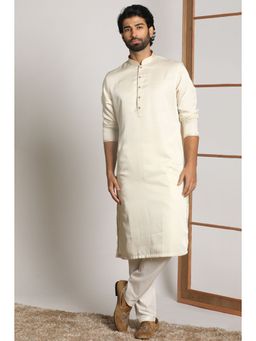 Manyavar - Satin Off White & Cream Solid Mandarin Collar Kurta with Pencil Pajama (Set of 2)