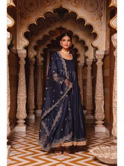 Calmna - Mumtaz Navy-blue Gotapatti Anarkali Suit Set (Set of 3)