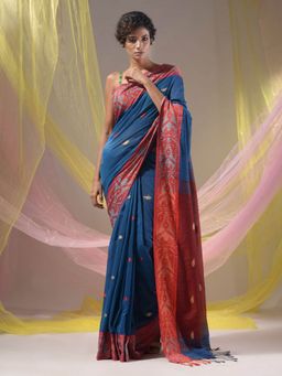 CHARUKRITI - Yale Blue & Red Handloom Nakshi Border Contrast Pallu Saree with Unstitched Blouse