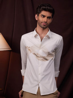KINGDOM OF WHITE - Luminous Wave Print Pure Cotton White Slim Fit Casual Shirt
