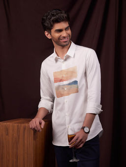 KINGDOM OF WHITE - Palette Artistic Printed Pure Cotton White Slim Fit Party Casual Shirt