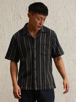 Hubberholme - Relaxed fit Vertical Striped Resort Collar Crochet Cotton Casual Shirt