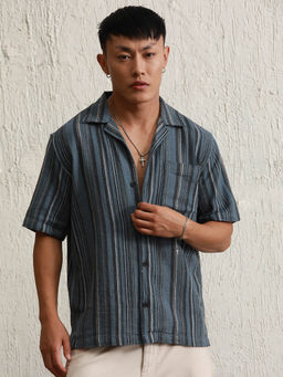 Hubberholme - Relaxed fit Vertical Striped Resort Collar Crochet Cotton Casual Shirt