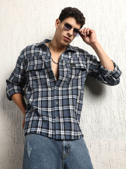 Hubberholme - Checked Double Pocket Cotton Oversized Casual Shirt