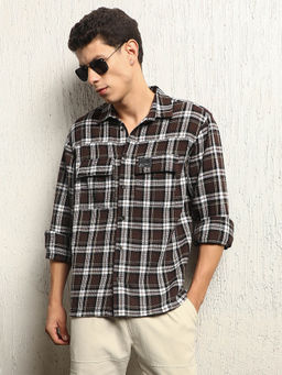 Hubberholme - Oversized Cotton Casual Check Waffel Double Pocket Full Sleeve Shirt