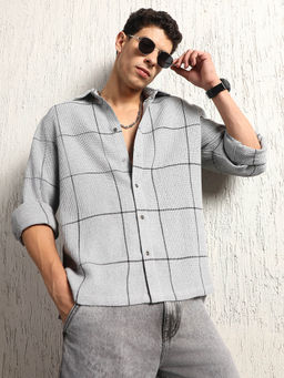 Hubberholme - Oversized Cotton Casual Check Waffel Double Pocket Full Sleeve Shirt
